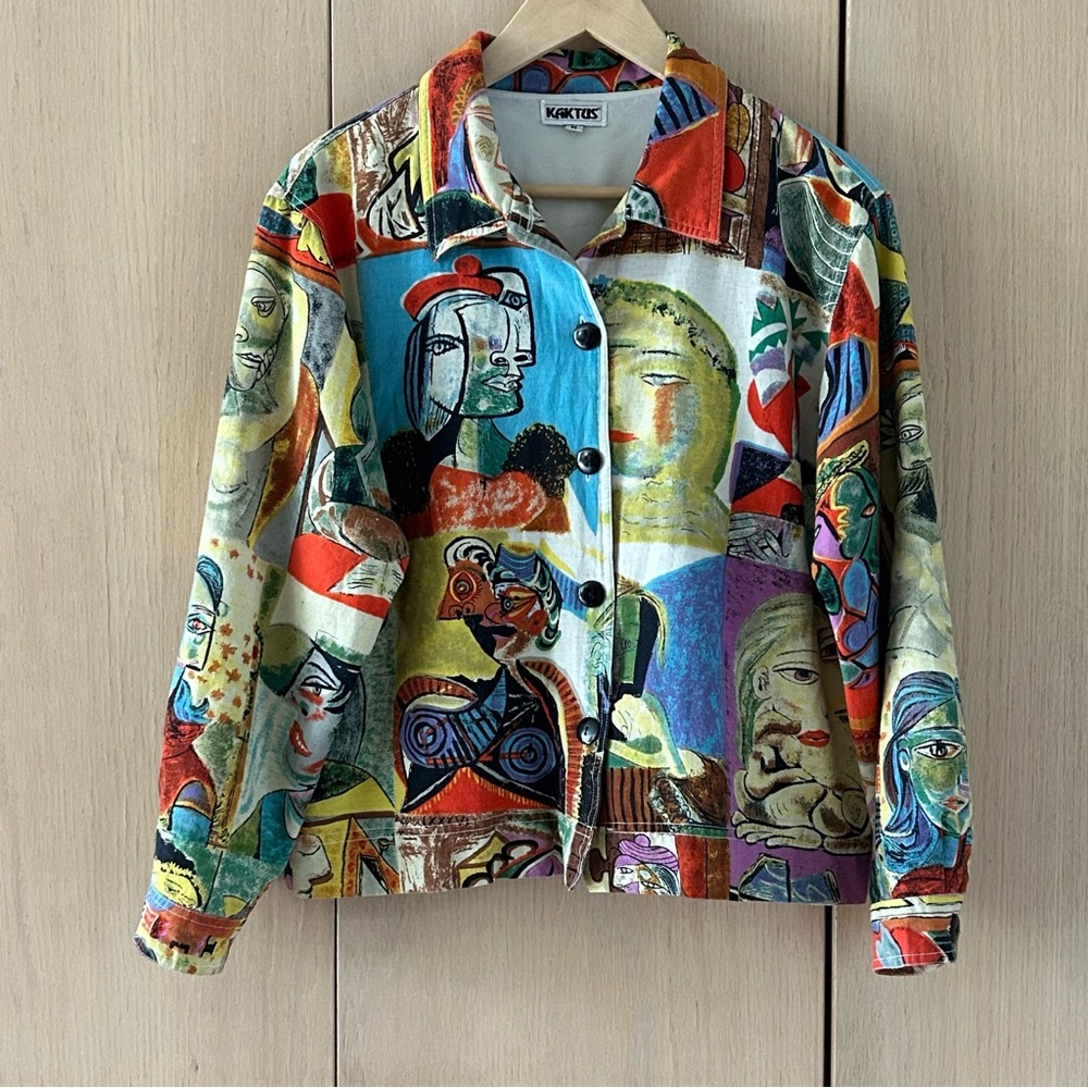 Vtg Kaktus 80's Picasso Art to Wear Women's M Linen Blend Colorful Shirt Jacket - Picture 1 of 11